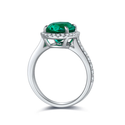 Oval Lab-Grown Emerald Halo Ring with Pavé Band in 14 White Gold