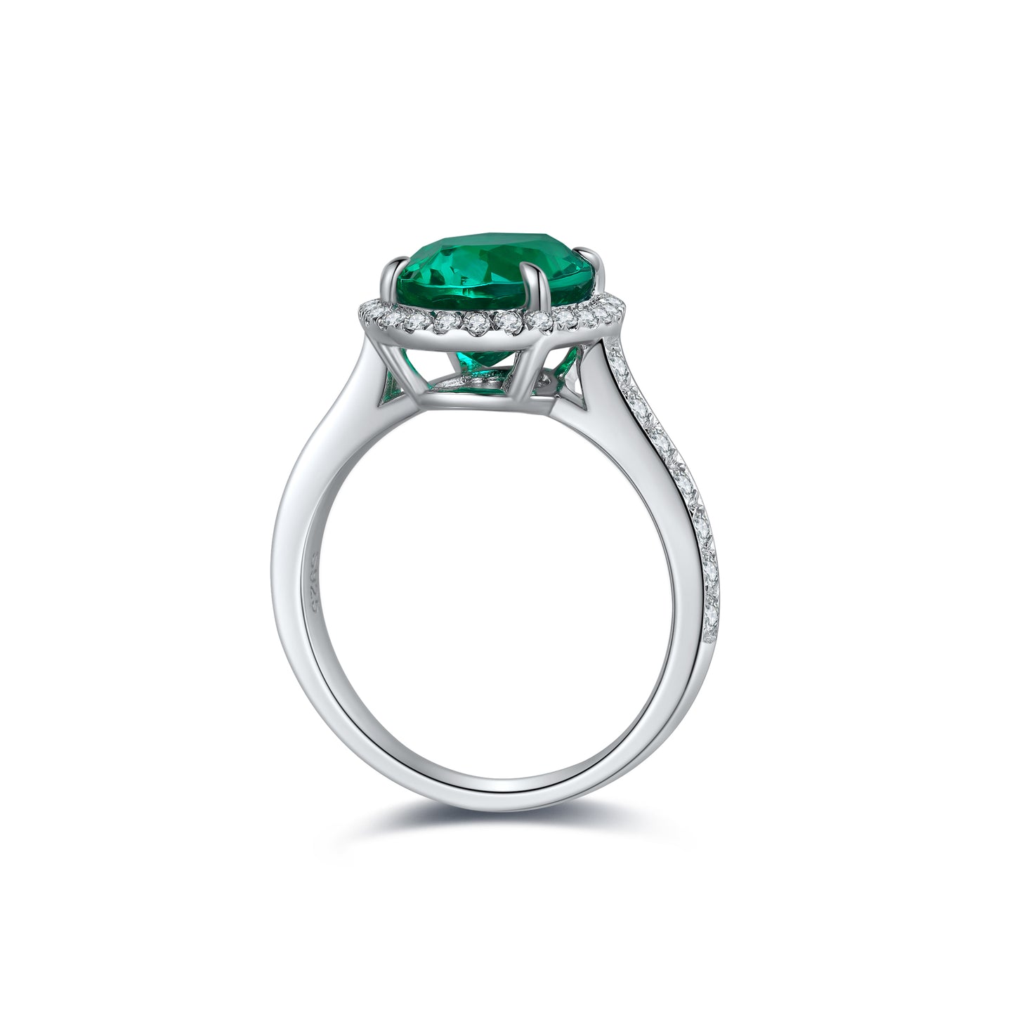 Oval Lab-Grown Emerald Halo Ring with Pavé Band in 14 White Gold