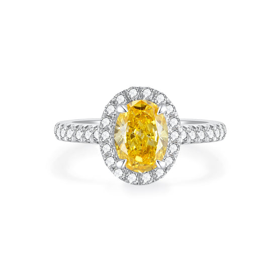 Oval Yellow Lab-Grown Diamond Halo Engagement Ring with Pavé Band in 14k White Gold - Colored Diamond
