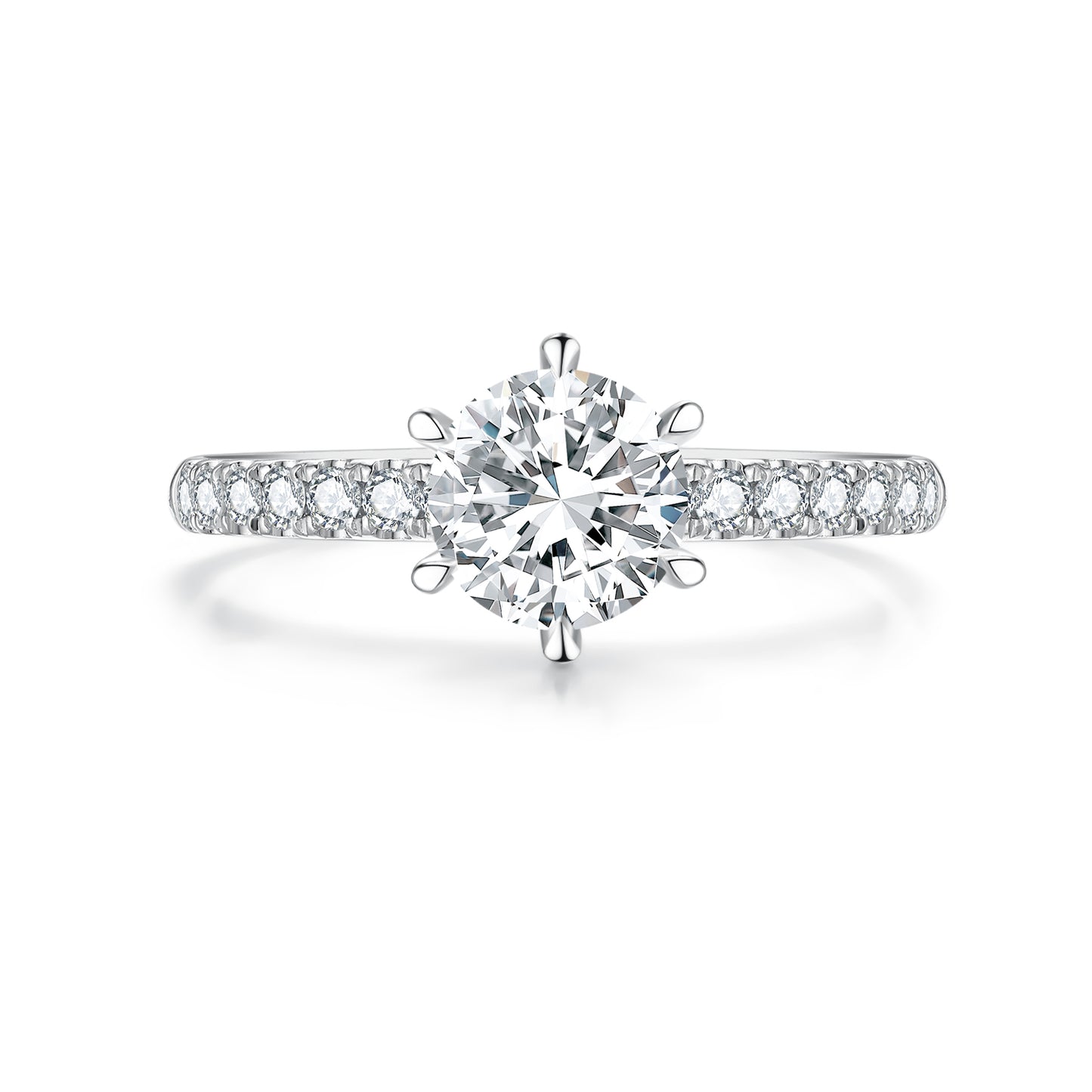 Round Lab-Grown Diamond Six-Prong Engagement Ring with Pavé Band