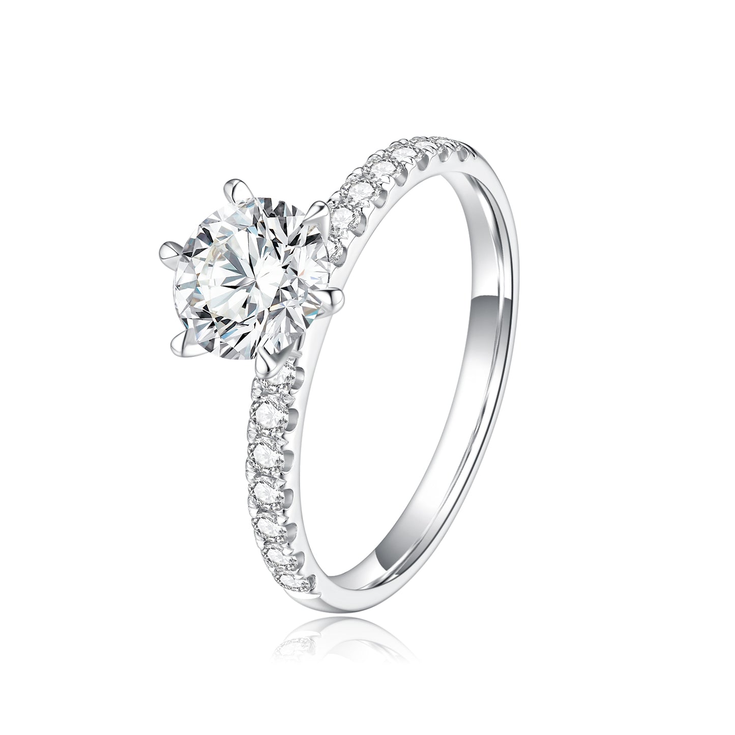 Round Lab-Grown Diamond Six-Prong Engagement Ring with Pavé Band