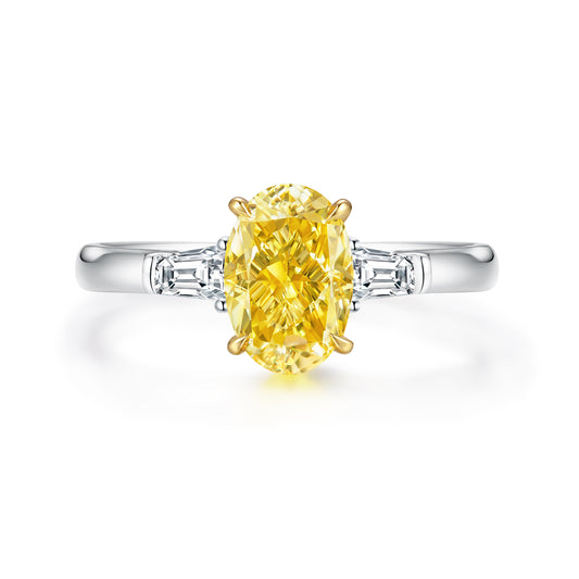 Oval Yellow Lab-Grown Diamond Three-Stone Engagement Ring with Tapered Baguettes in 14k White Gold - Colored Diamond