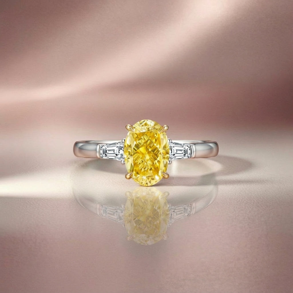 Oval Yellow Lab-Grown Diamond Three-Stone Engagement Ring with Tapered Baguettes in 14k White Gold - Colored Diamond