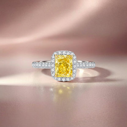 Radiant-Cut Yellow Lab-Grown Diamond Halo Engagement Ring with Pavé Band in 14k White Gold - Colored Diamond