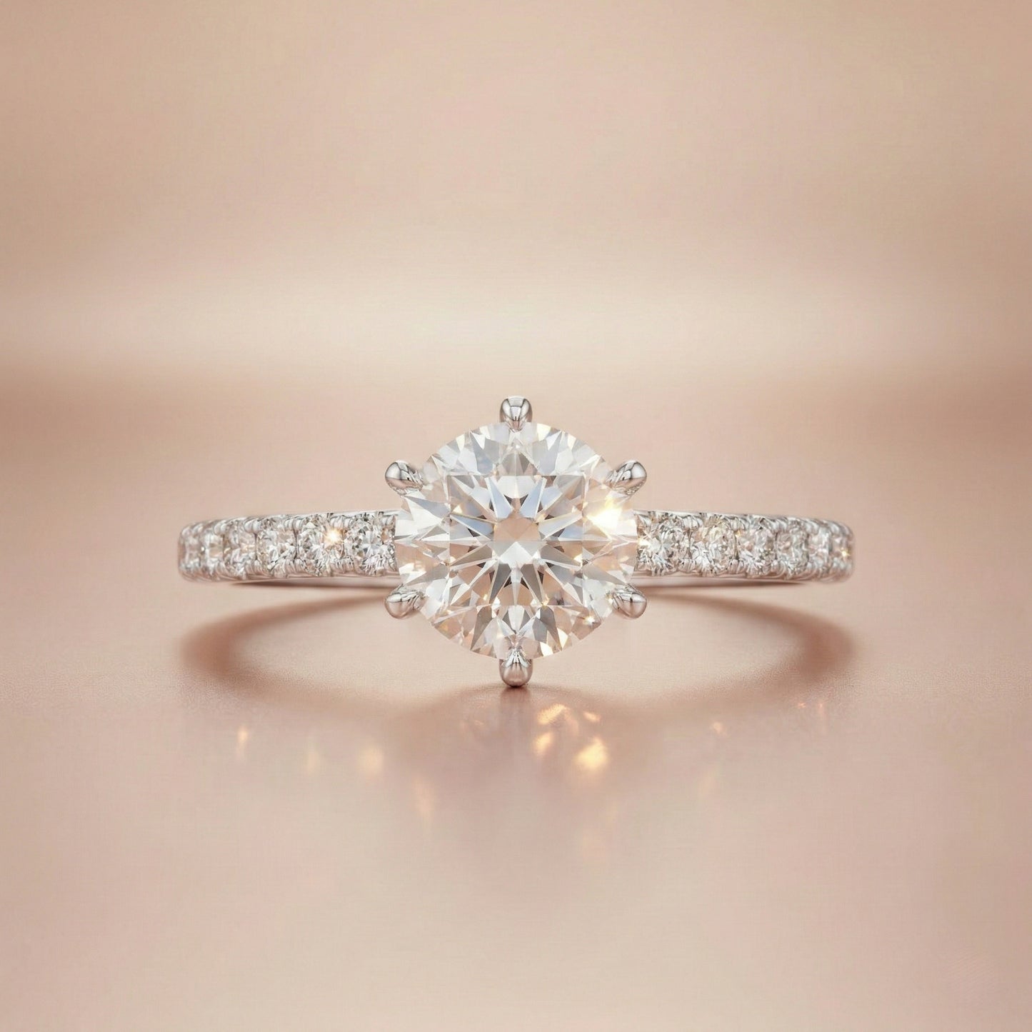 Round Lab-Grown Diamond Six-Prong Engagement Ring with Pavé Band