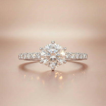 Round Lab-Grown Diamond Six-Prong Engagement Ring with Pavé Band