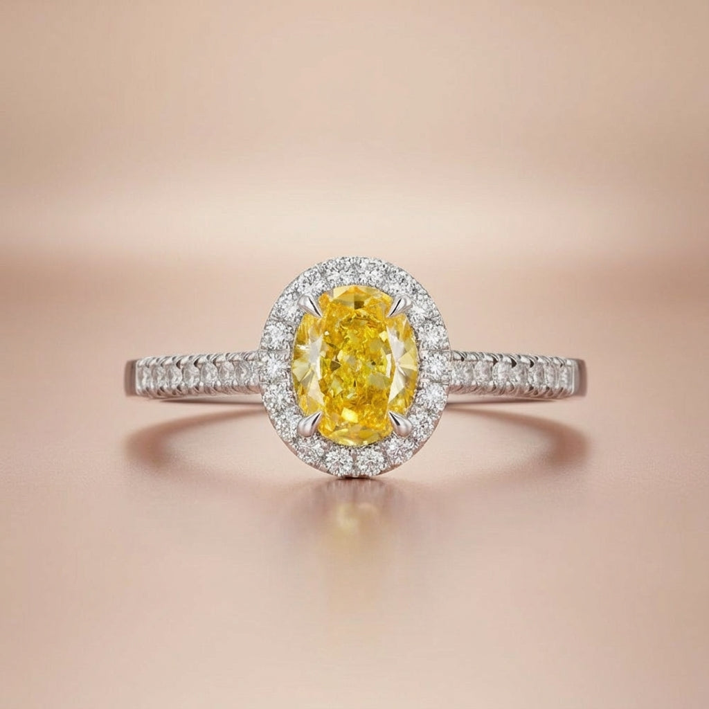 Oval Yellow Lab-Grown Diamond Halo Engagement Ring with Pavé Band in 14k White Gold - Colored Diamond