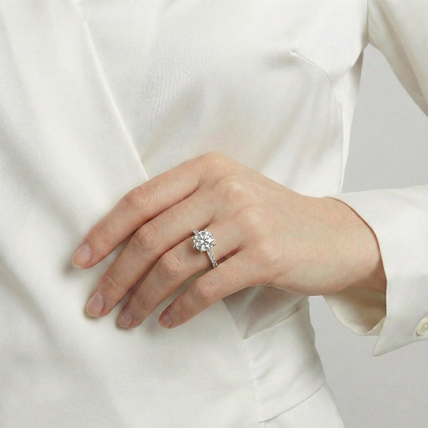 Round Lab-Grown Diamond Six-Prong Engagement Ring with Pavé Band